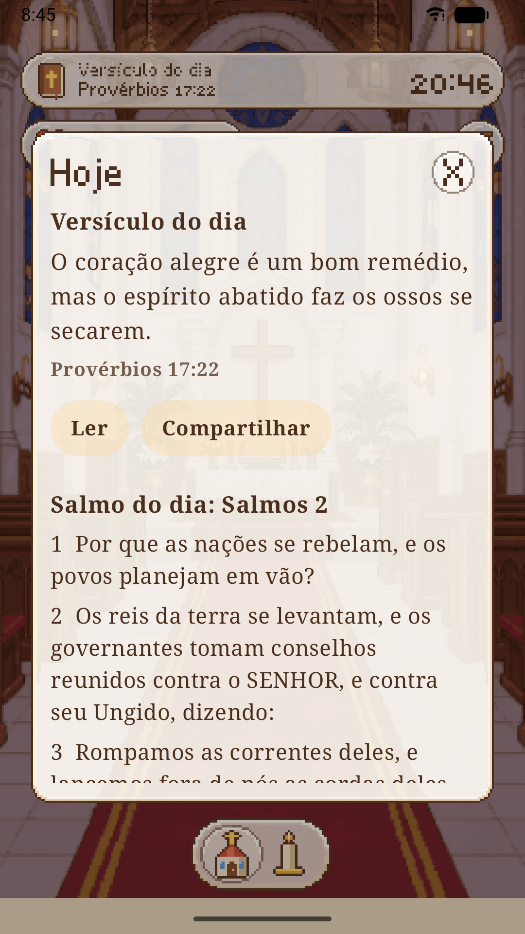 Tela inicial do app: a igreja de manhã, com o versículo do dia no alto