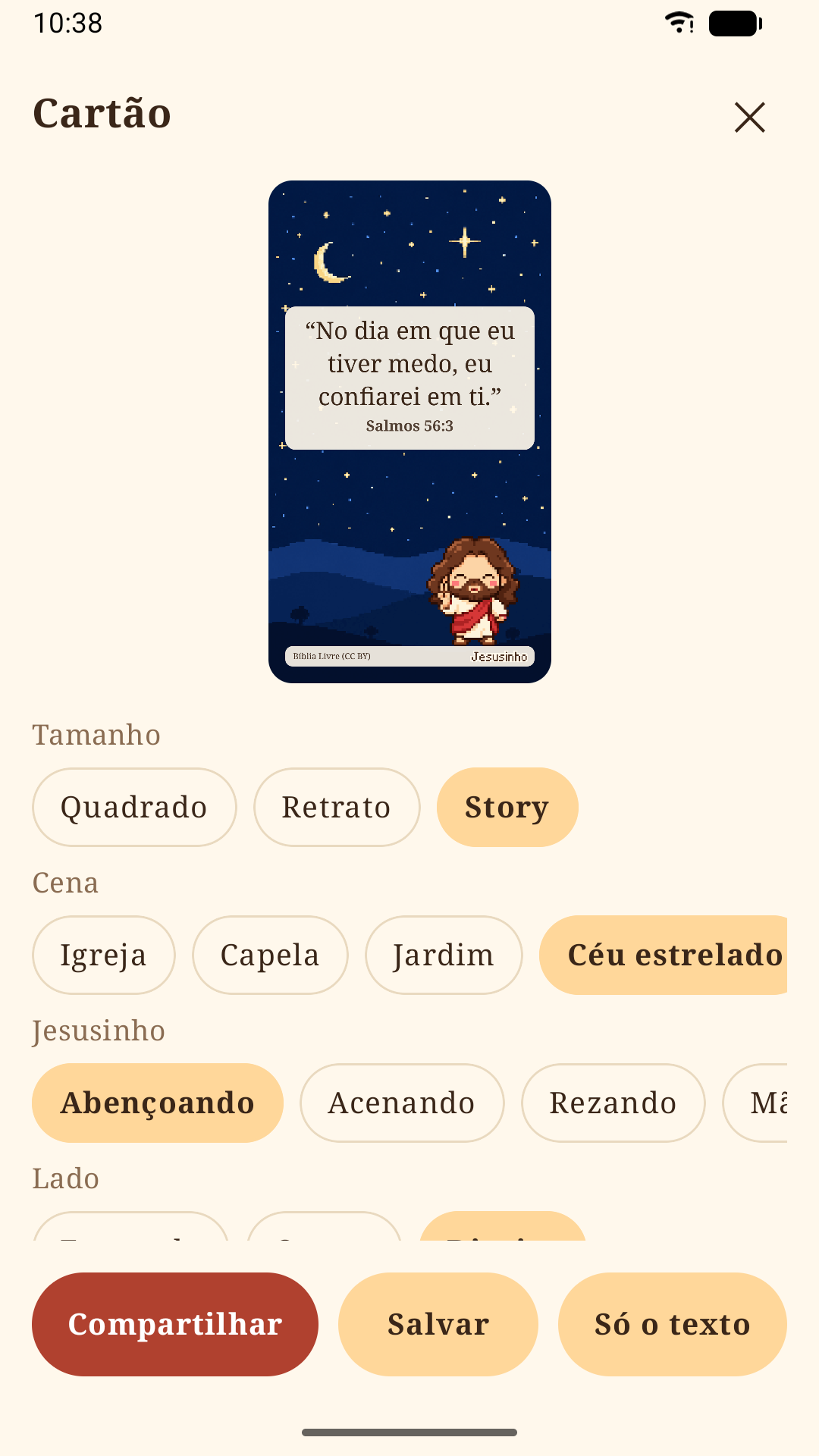 Editor de cartões do app, com um versículo sobre o fundo de jardim